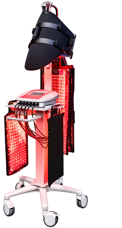 The Contour Light machine: a head unit and four lit red light pads on a white rolling stand