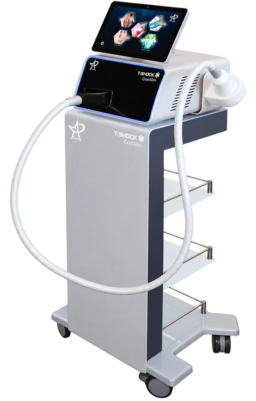 The STAR T-Shock cryo machine: a touchscreen console with a hand-held applicator on a white tower cart